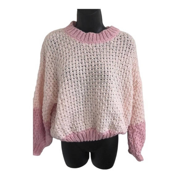 Shades of pink crochet waffle knit chunky cuffed sleeve sweater size large new - Picture 6 of 13